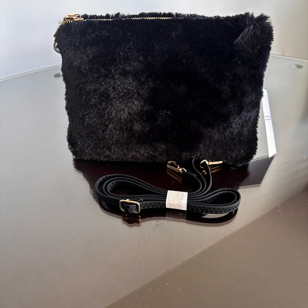 Black Faux Fur Wristlet Clutch with Structured Design
